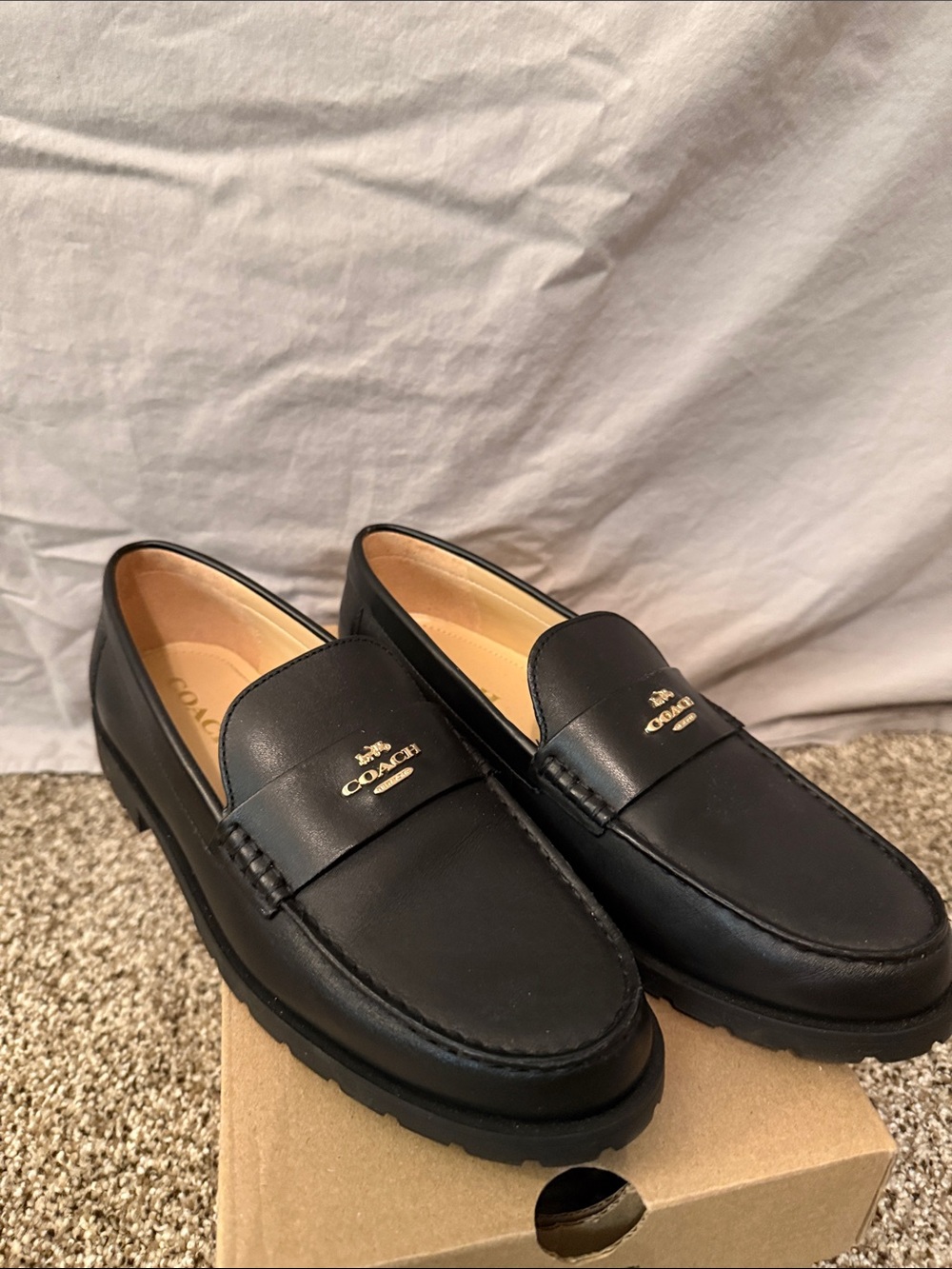 Coach Black Leather Women’s Loafers with Gold Logo